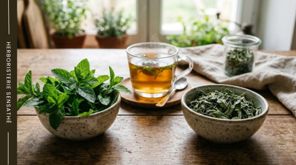 Plantes fraîches et plantes séchées utilisées pour préparer une tisane médicinale maison - Herboristerie Sensathé Plantes fraîches et plantes séchées utilisées pour préparer une tisane médicinale maison - Herboristerie Sensathé